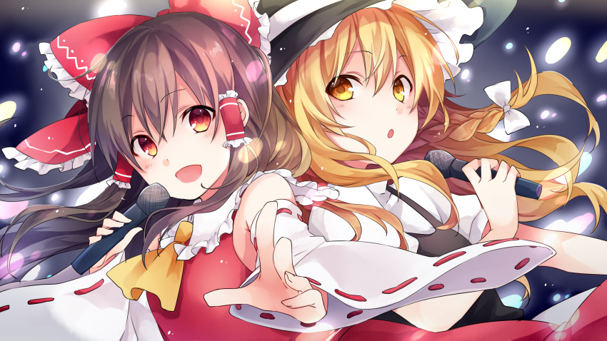 2girls :d :o absurdres ascot bangs bare_shoulders black_headwear black_shirt blonde_hair bow brown_hair detached_sleeves frilled_bow frilled_shirt_collar frills hair_between_eyes hair_bow hair_tubes hakurei_reimu hat highres holding holding_microphone kirisame_marisa kuroi_(liar-player) long_hair long_sleeves microphone multiple_girls open_mouth parted_lips red_bow red_eyes red_shirt shirt short_sleeves side-by-side sidelocks smile touhou upper_body wide_sleeves witch_hat yellow_eyes yellow_neckwear