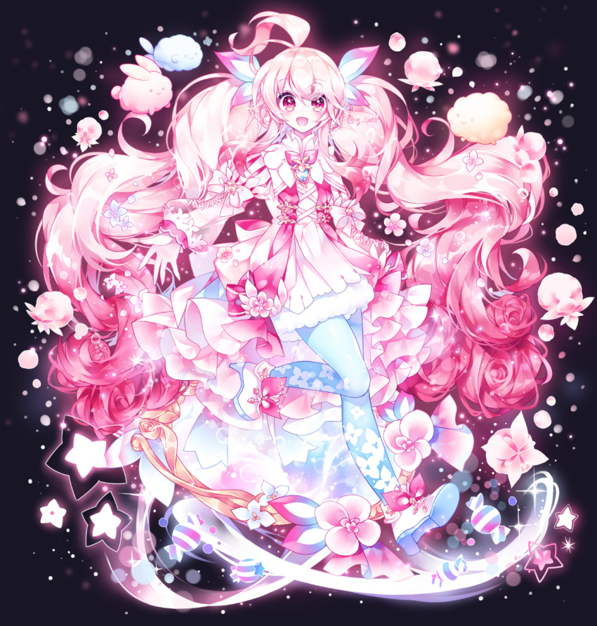 1girl candy elsword eyebrows_visible_through_hair familiar flower food g_ieep highres laby_(elsword) long_hair radiant_soul_(elsword) smile sparkle star twintails very_long_hair