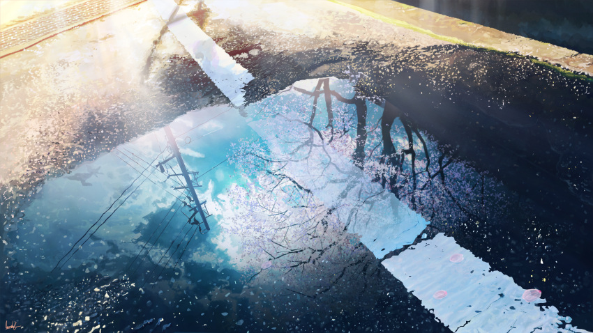 absurdres artist_name banishment cherry_blossoms clouds commentary_request day highres huge_filesize no_humans original outdoors petals power_lines puddle reflection reflective_water road scenery signature sky street water