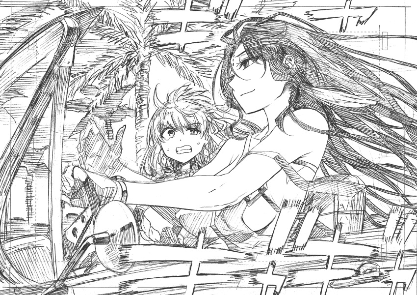 2girls absurdres breasts car casual convertible driving facial_mark fate/grand_order fate_(series) forehead_mark ground_vehicle highres kama_(fate/grand_order) kojima_takeshi large_breasts long_hair monochrome motor_vehicle multiple_girls palm_tree sesshouin_kiara sideboob smile traditional_media tree watch watch worried