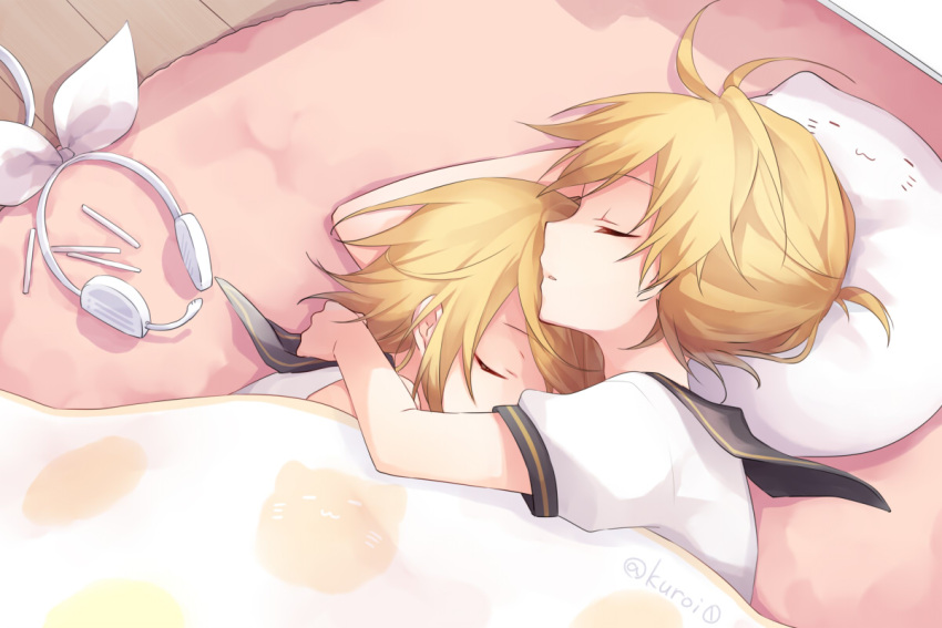 1boy 1girl bangs bed black_sailor_collar blonde_hair brother_and_sister closed_eyes commentary_request eyebrows_visible_through_hair hair_ornament hairclip headphones headphones_removed headset hug kagamine_len kagamine_rin kuroi_(liar-player) lying on_side parted_lips pillow profile puffy_short_sleeves puffy_sleeves ribbon sailor_collar school_uniform serafuku shirt short_sleeves siblings sleeping sleeveless sleeveless_shirt twitter_username under_covers vocaloid white_ribbon white_shirt wooden_floor