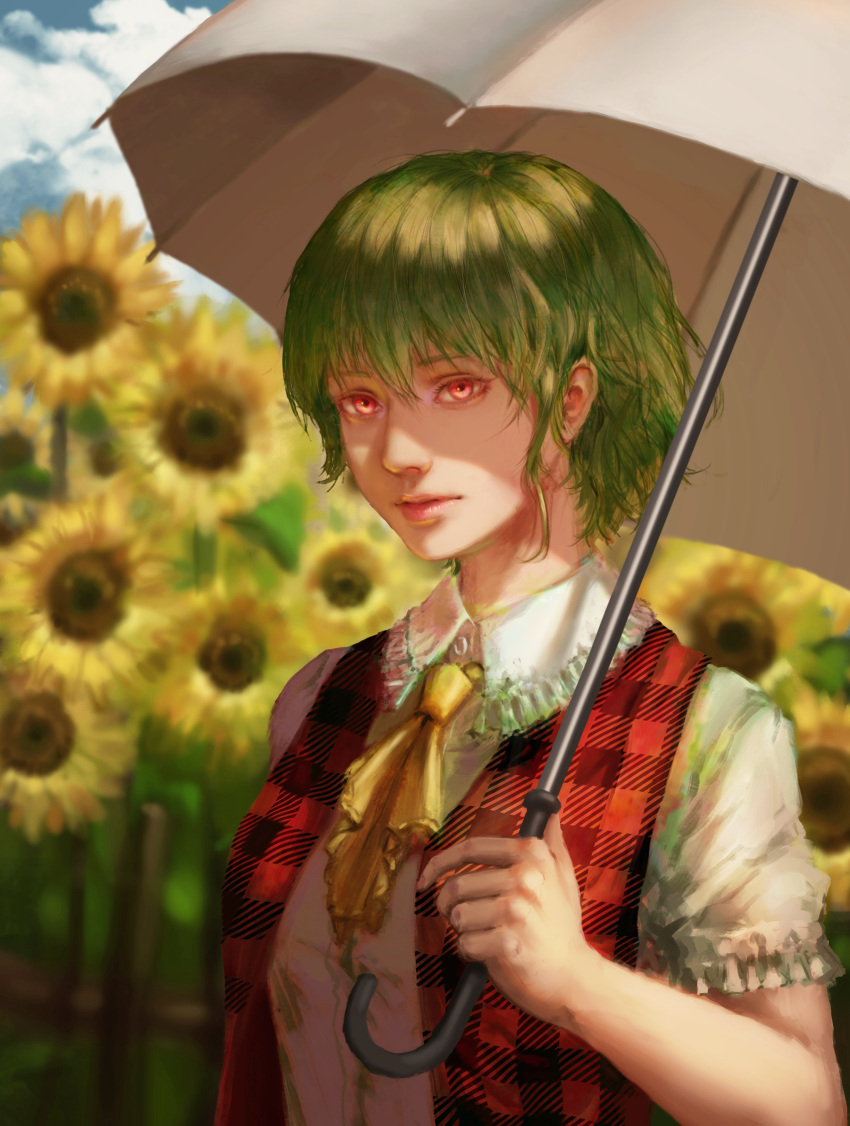 1girl alternate_eye_color arm_at_side ascot bangs blue_sky blurry blurry_background breasts clouds collared_shirt commentary_request day ears frilled_ascot frilled_shirt_collar frilled_sleeves frills garden_of_the_sun green_hair hair_between_eyes highres holding holding_umbrella kazami_yuuka lips medium_breasts niz nose open_clothes open_vest outdoors parasol pink_eyes pink_lips plaid plaid_vest realistic red_eyes red_vest shiny shiny_hair shirt short_hair short_sleeves sidelocks sky solo touhou umbrella upper_body vest wavy_hair white_shirt yellow_neckwear