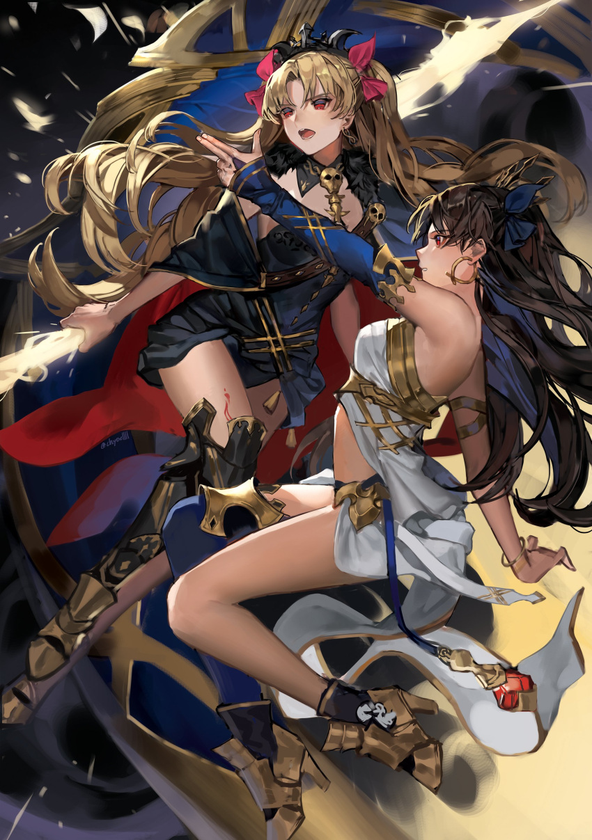 2girls absurdres armored_boots artist_request bare_shoulders black_dress black_hair black_ribbon blonde_hair boots breasts bridal_gauntlets commentary_request crown dress earrings ereshkigal_(fate/grand_order) eyebrows_visible_through_hair fate/grand_order fate_(series) finger_gun hair_between_eyes hair_ornament hair_ribbon highres ishtar_(fate/grand_order) jewelry long_hair looking_away medium_breasts multiple_girls open_mouth parted_lips red_eyes red_ribbon ribbon skull teeth tohsaka_rin twintails white_dress