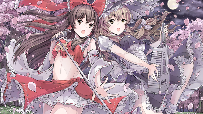 2girls :o armpits ascot bangs bare_shoulders blonde_hair bow breasts brown_eyes brown_hair buttons cherry_blossoms clouds commentary_request cowboy_shot crop_top crop_top_overhang detached_sleeves floating_hair frilled_bow frilled_hat frilled_shirt_collar frilled_skirt frills full_moon groin hair_bow hair_ribbon hair_tubes hakurei_reimu hat holding holding_microphone hoshimaemi instrument keytar kirisame_marisa large_breasts long_hair looking_at_viewer medium_breasts microphone midriff moon multiple_girls navel night open_mouth outdoors petals puffy_short_sleeves puffy_sleeves purple_headwear purple_shirt purple_skirt red_bow red_shirt red_skirt ribbon sarashi shirt short_sleeves side-by-side sidelocks skirt skirt_set standing stomach strap thighs touhou tree white_ribbon wide_sleeves witch_hat yellow_eyes yellow_neckwear