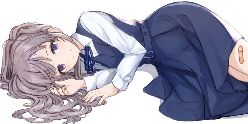 1girl alisia0812 bandaid bangs belt blue_dress blush closed_mouth commentary cowboy_shot dress eyebrows_behind_hair grey_hair highres idolmaster idolmaster_shiny_colors long_hair long_sleeves looking_at_viewer lying on_floor on_side shirt sidelocks simple_background smile solo twintails violet_eyes white_background white_shirt yuukoku_kiriko
