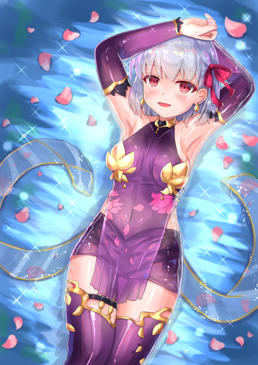 1girl afloat arm_behind_head armpits arms_up bangs bare_shoulders blush breasts cocoasabure cowboy_shot detached_sleeves earrings eyebrows_visible_through_hair fate/grand_order fate_(series) from_above hair_ribbon highres jewelry kama_(fate/grand_order) looking_at_viewer open_mouth red_eyes ribbon silver_hair sketch small_breasts smile solo thigh-highs water younger
