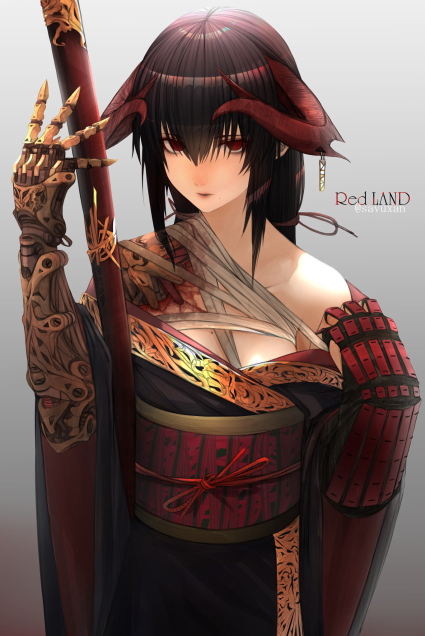 1girl arm_guards artist_name bandage bangs bare_shoulders black_hair blood breasts commentary_request cyborg gears hair_between_eyes hair_tie highres holding holding_sword holding_weapon horn_piercing horns japanese_clothes katana kimono long_sleeves low_twintails mechanical_arm mole mole_on_breast no_pupils obi original prosthesis prosthetic_arm red_eyes red_horns robot_joints sash savuxan science_fiction sheath sheathed signature solo steampunk stitches sword tied_hair twintails twitter_username weapon wide_sleeves