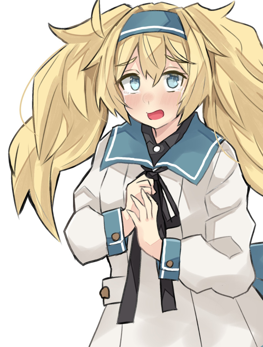1girl black_ribbon blonde_hair blue_eyes blue_hairband blush commentary_request cowboy_shot dokuganryuu dress gambier_bay_(kantai_collection) hairband highres kantai_collection looking_at_viewer open_mouth ribbon sailor_dress simple_background solo tears twintails white_background white_dress
