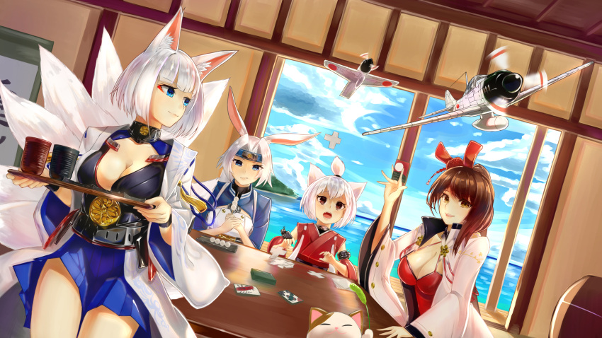 aircraft airplane animal_ears artist_request azur_lane breasts brown_eyes brown_hair cleavage fox_ears headband highres hiryuu_(azur_lane) japanese_clothes kaga_(azur_lane) kitsune multiple_tails pleated_skirt rabbit_ears shikigami shouhou_(azur_lane) skirt tail white_hair zuikaku_(azur_lane)