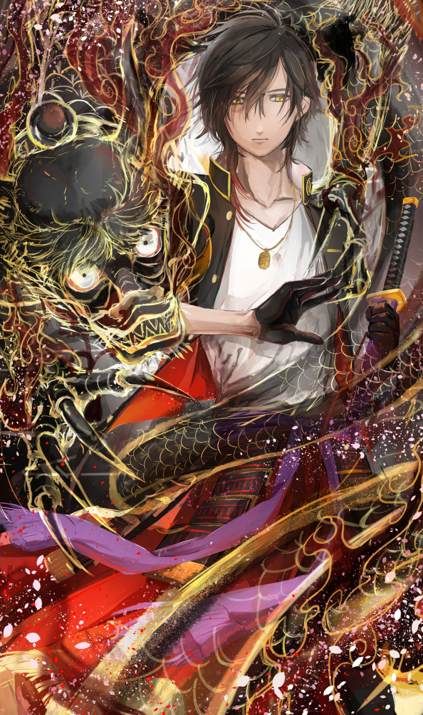 1boy black_gloves brown_hair claws closed_mouth collarbone colorful commentary_request constricted_pupils dragon eastern_dragon expressionless gloves gold_trim high_collar highres jacket jewelry looking_at_viewer male_focus messy_hair necklace ookurikara open_clothes open_jacket pendant shirt solo t-shirt touken_ranbu v-neck yellow_eyes