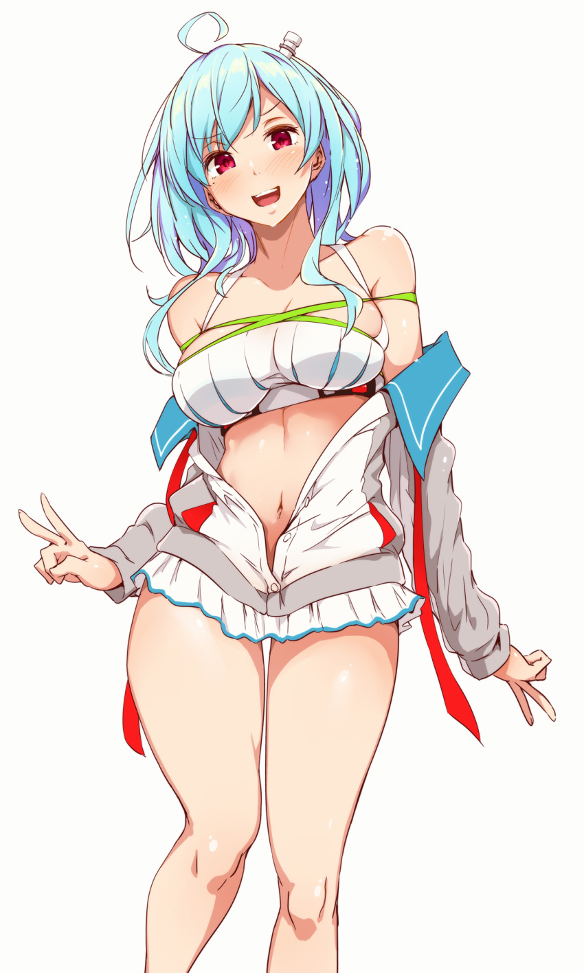 1girl :d ahoge bangs bare_shoulders beige_background bikini blue_hair blush breasts character_request cleavage collarbone double_v hair_between_eyes hair_ornament highres jacket large_breasts long_hair looking_at_viewer navel open_clothes open_jacket open_mouth red_eyes sidelocks simple_background skirt smile solo sports_bikini standing stomach swimsuit thighs tokiwa_midori_(kyokutou_funamushi) v white_bikini