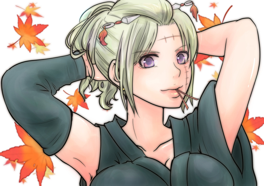 1girl absurdres autumn_leaves black_kimono black_sleeves blonde_hair breasts cleavage collarbone detached_sleeves facial_scar gintama highres japanese_clothes kimono leaf long_sleeves looking_at_viewer maple_leaf medium_breasts mouth_hold paleatus ponytail scar scar_on_cheek shiny shiny_skin short_hair simple_background single_sleeve solo tsukuyo_(gintama) tying_hair upper_body violet_eyes white_background