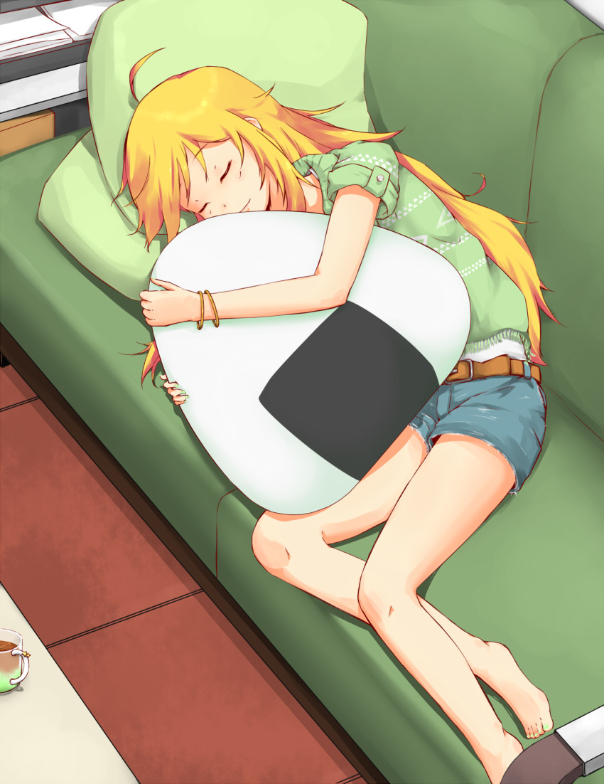 1girl 39degrees ahoge bare_arms bare_legs belt blonde_hair brown_belt closed_eyes commentary_request couch cup denim dot_nose eyebrows_visible_through_hair food green_pillow highres holding hoshii_miki idolmaster indoors jeans long_hair lying onigiri pants pillow pillow_hug short_shorts short_sleeves shorts sleeping smile solo table teacup tiles wristband