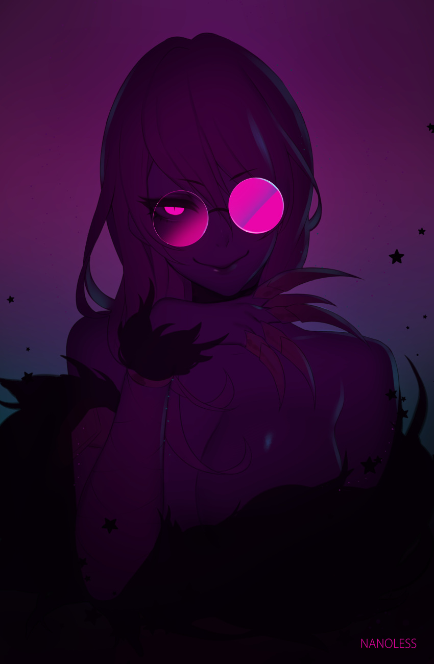 1girl absurdres arm_under_breasts artist_name bangs bare_shoulders breasts claw_(weapon) cleavage closed_mouth collarbone evelynn evil_smile eyebrows_visible_through_hair fur_cuffs glasses gradient gradient_background hair_between_eyes half-closed_eyes hand_up highres idol k/da_(league_of_legends) k/da_evelynn large_breasts league_of_legends lipstick long_hair looking_at_viewer makeup nanoless opaque_glasses paid_reward patreon_reward purple_hair purple_theme rimless_eyewear round_eyewear sidelocks smile solo star starry_background sunglasses topless upper_body violet_eyes weapon