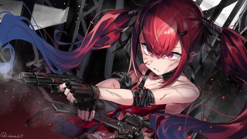 1girl abarabone absurdres axe bangs bare_shoulders black_gloves blood breasts collarbone cz-75 cz-75_(girls_frontline) dual_wielding fingerless_gloves floating_hair girls_frontline gloves gun hair_ornament hairclip handgun highres holding holding_gun holding_weapon long_hair looking_afar parted_lips red_eyes redhead ribbon sleeveless smoke_trail solo twintails very_long_hair weapon