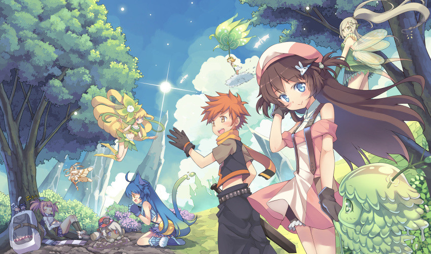 1boy 6+girls :d against_tree ahoge animal_ears antennae backpack backpack_removed bag beret black_gloves blonde_hair blue_eyes blue_hair blue_sky blush blush_stickers boots branch brown_eyes bunny_hair_ornament bush castle cat_ears cat_tail closed_eyes clouds dark_skin day dragon dress fairy fairy_wings fantasy floating floating_hair flower forest gloves goo_girl green_dress green_eyes green_panties ground hair_bobbles hair_flower hair_ornament hairclip hand_holding hand_in_hair hat highres horns kardia_tou_abel kazuzu knee_boots kneehighs leaf leaf_on_head light_brown_hair long_hair long_sleeves looking_at_another midriff minigirl mining_helmet miniskirt monocle monster_girl moth_girl moth_wings multiple_girls nature navel open_mouth orange_eyes orange_scarf outdoors panties pants pantyshot paw_gloves paws pink_dress pink_hair profile rabbit_ears scarf short_dress short_sleeves side_ponytail silver_hair sitting skirt sky sleeping sleeveless smile standing tail tree twintails two_side_up underwear very_long_hair violet_eyes wariza wings wrist_cuffs yellow_eyes zzz