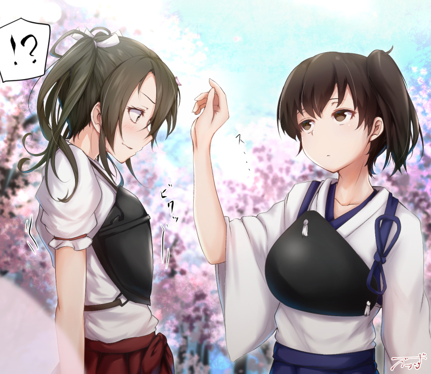 !? 2girls baileys_(tranquillity650) bangs blurry blurry_background blush breasts brown_eyes brown_hair cherry_blossoms collarbone day expressionless eyebrows_visible_through_hair green_eyes green_hair hair_between_eyes hair_ribbon hand_up highres japanese_clothes kaga_(kantai_collection) kantai_collection large_breasts long_hair looking_down multiple_girls muneate open_mouth outdoors parted_lips ribbon side_ponytail signature smile spoken_interrobang tasuki twintails zuikaku_(kantai_collection)