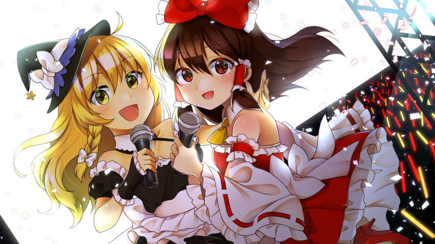 2girls :d absurdres adapted_costume ankle_cuffs arm_behind_back bare_shoulders blonde_hair blush bow braid breasts brown_hair cleavage crowd dancing detached_sleeves dress dutch_angle glowstick hair_bow hair_ribbon hair_tubes hakurei_reimu hat hat_bow high_heels highres idol kirisame_marisa large_bow long_hair looking_at_viewer medium_breasts microphone miniskirt multiple_girls nekosugi_(hoshi) off_shoulder open_mouth petticoat red_eyes ribbon ribbon-trimmed_sleeves ribbon_trim sash side_braid single_braid skirt smile straight_hair touhou wavy_hair witch_hat yellow_eyes