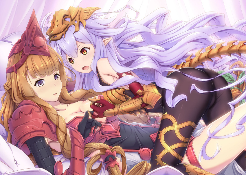 2girls armor armored_dress ass athena_(granblue_fantasy) bangs bed blonde_hair blunt_bangs blush bodysuit braid breastplate breasts canopy_bed cleavage_cutout dress elbow_gloves eyebrows_visible_through_hair gauntlets gloves granblue_fantasy hair_between_eyes hair_leaf headpiece highres keepvalley large_breasts lavender_hair long_hair lying medusa_(shingeki_no_bahamut) multiple_girls on_back on_bed open_mouth orange_eyes pillow pinky_swear pointy_ears shingeki_no_bahamut slit_pupils smile tail thigh_strap very_long_hair violet_eyes white_pillow yuri