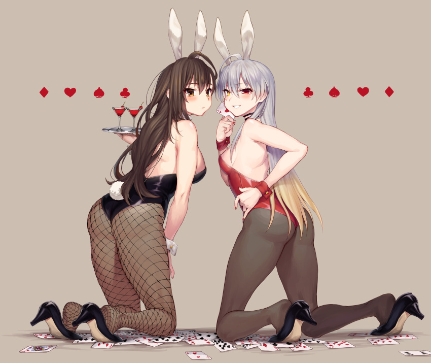 2girls absurdres animal_ears black_legwear black_leotard brown_background bunny_girl bunny_tail bunnysuit card choker club_(shape) cup detached_collar diamond_(shape) drinking_glass fishnet_pantyhose fishnets from_behind full_body heart highres holding holding_card kneeling kyo leotard multiple_girls original pantyhose playing_card rabbit_ears red_leotard simple_background spade_(shape) tail tray wine_glass wrist_cuffs