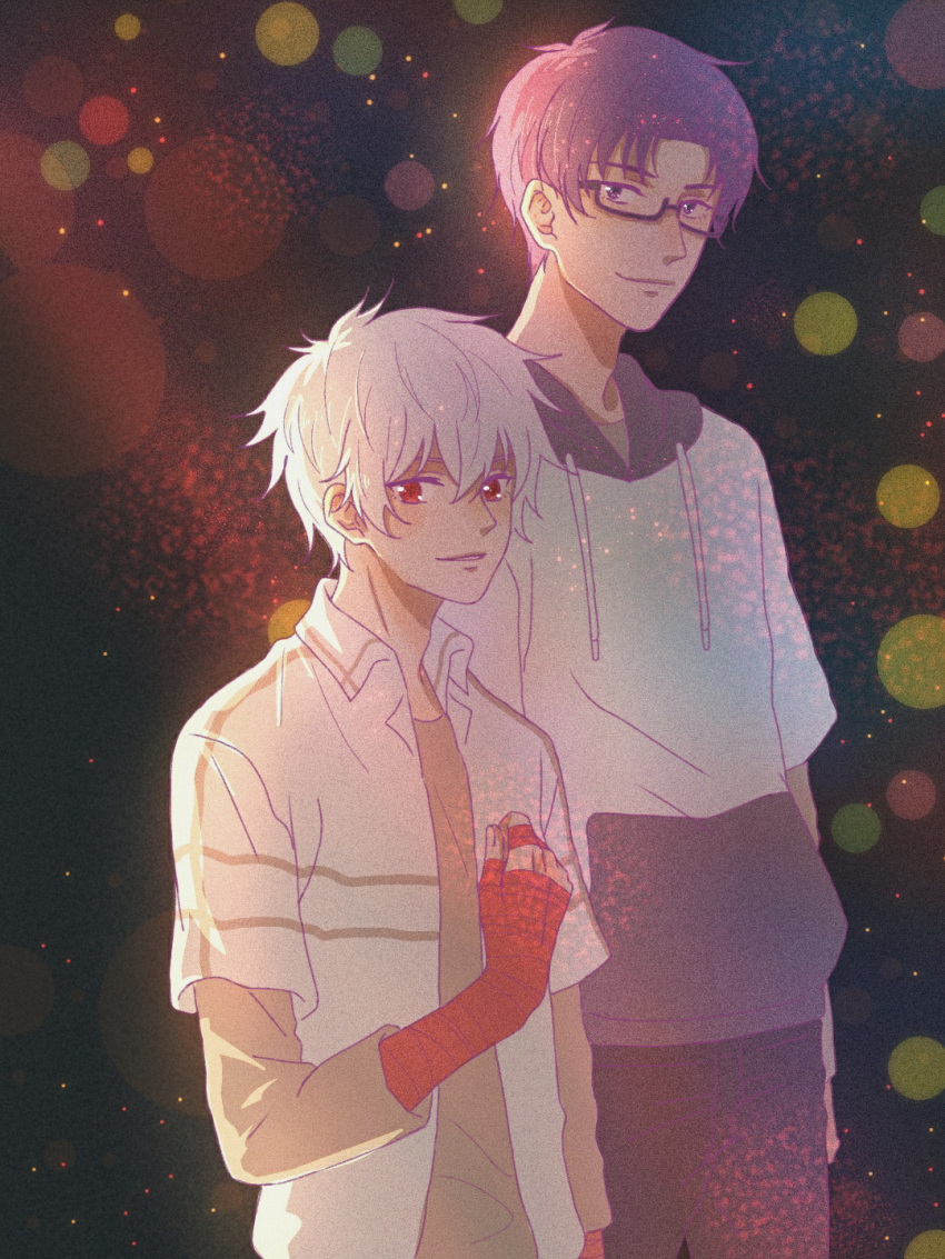 2boys bandage bandaged_hands bandages dark_background glasses highres kaidou_shun kuboyasu_aren looking_at_viewer male_focus multiple_boys pants pocket purple-framed_eyewear purple_hair reiotsuotsu saiki_kusuo_no_psi_nan smile upper_body violet_eyes white_hair