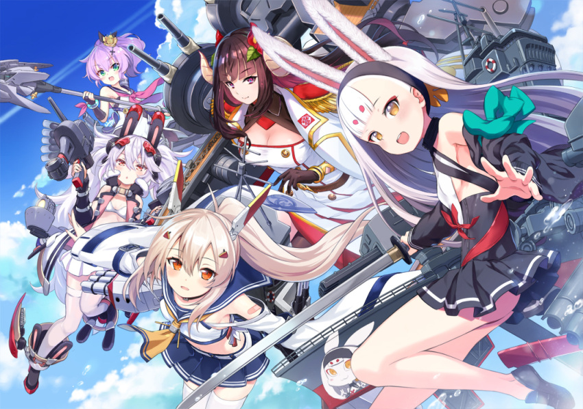 1girl animal_ears ayanami_(azur_lane) azur_lane bare_shoulders crown eyebrows_visible_through_hair fake_animal_ears gloves green_eyes hair_between_eyes high_ponytail holding holding_sword holding_weapon horns javelin_(azur_lane) katana laffey_(azur_lane) long_hair looking_at_viewer multiple_girls open_mouth orange_eyes ponytail purple_hair shimakaze_(azur_lane) shirt silver_hair sleeveless sleeveless_shirt suruga_(azur_lane) sword twintails violet_eyes weapon white_camisole white_legwear