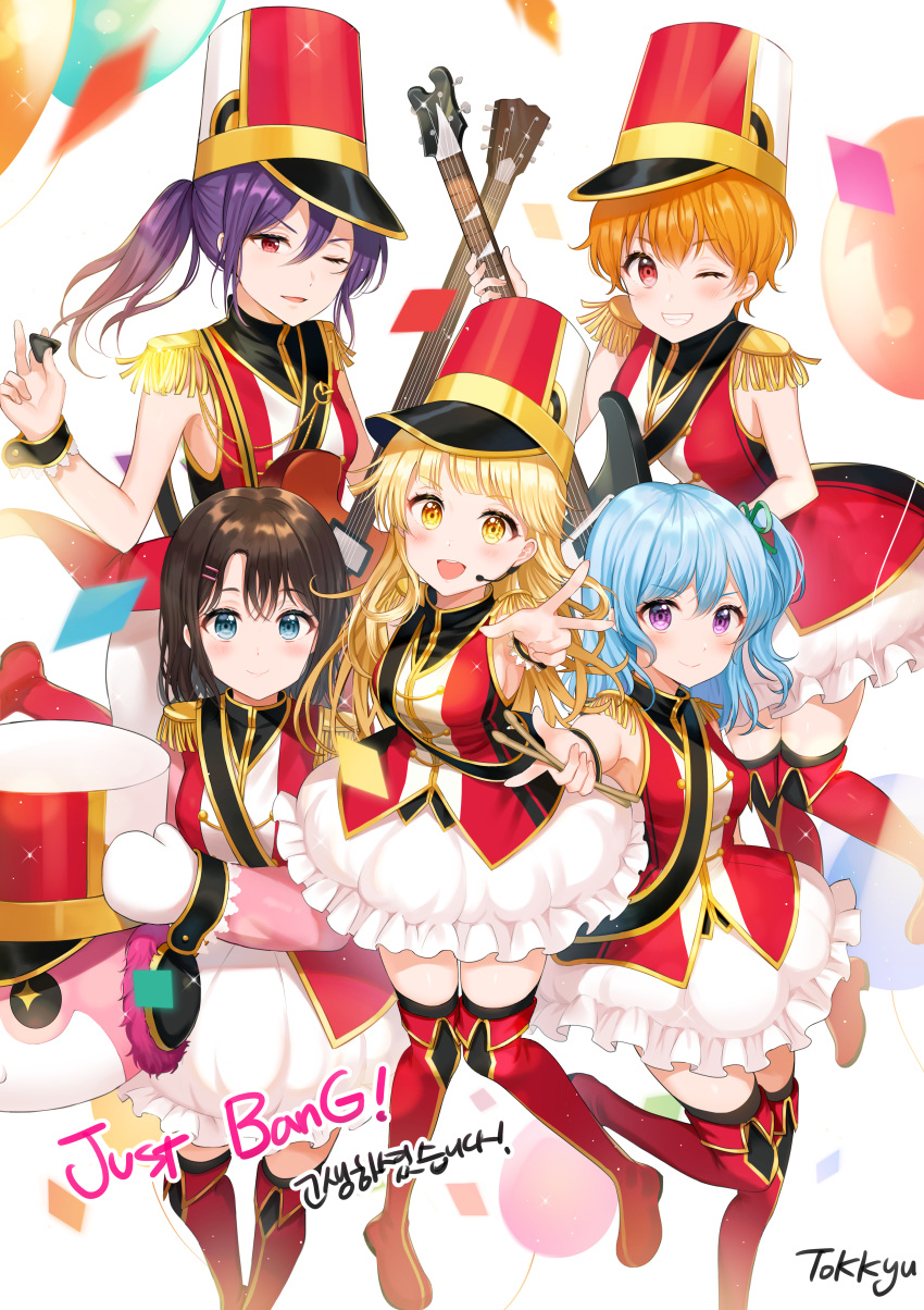 5girls absurdres artist_name bang_dream! black_hair blonde_hair blue_eyes blue_hair blush boots breasts brown_hair calligraphy_brush_(medium) closed_mouth eyebrows_visible_through_hair grin hair_ornament hairclip highres huge_filesize kitazawa_hagumi knee_boots large_breasts long_hair looking_at_viewer matsubara_kanon medium_hair multiple_girls okusawa_misaki one_eye_closed open_mouth parted_lips purple_hair red_eyes red_footwear seta_kaoru sideboob signature smile teeth tokkyu_(user_mwwe3558) tsurumaki_kokoro violet_eyes yellow_eyes