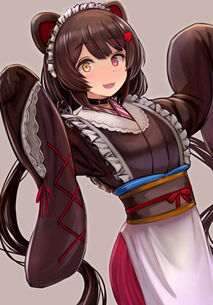 1girl animal_ears apron bangs black_collar black_hair blush collar cowboy_shot cross-laced_clothes dog_ears dog_girl dog_hair_ornament enumiyan fang flower frills furisode grey_background hair_between_eyes hair_flower hair_ornament heterochromia highres inui_toko japanese_clothes kimono long_hair long_sleeves looking_at_viewer low_twintails maid_apron maid_headdress nijisanji obi open_mouth red_eyes sash simple_background sleeves_past_wrists solo standing twintails very_long_hair virtual_youtuber wa_maid wide_sleeves yellow_eyes