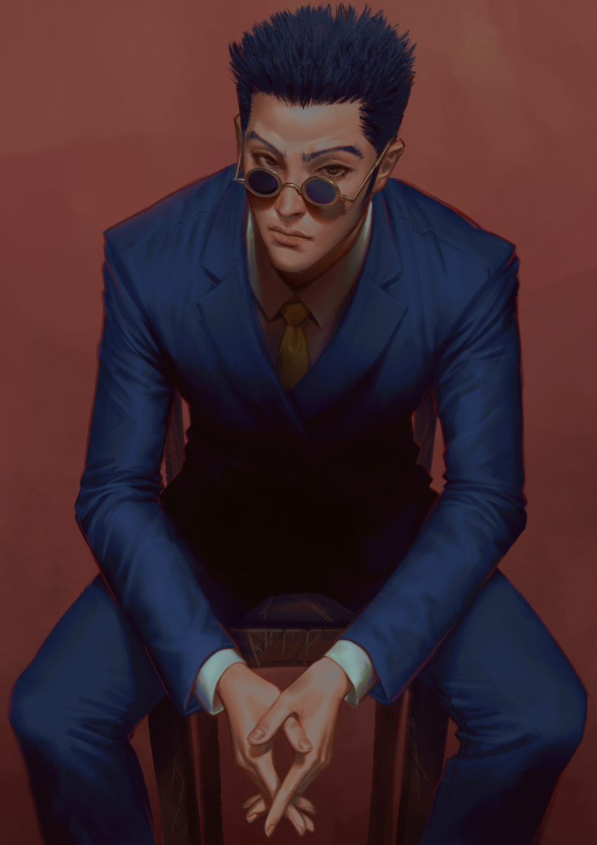 1boy absurdres ahen_joo black_hair blue_pants blue_suit brown_eyes chair glasses hands_together highres hunter_x_hunter indoors leorio_paladiknight long_sleeves looking_at_viewer necktie pants realistic shirt simple_background sitting solo spiky_hair white_shirt yellow_neckwear