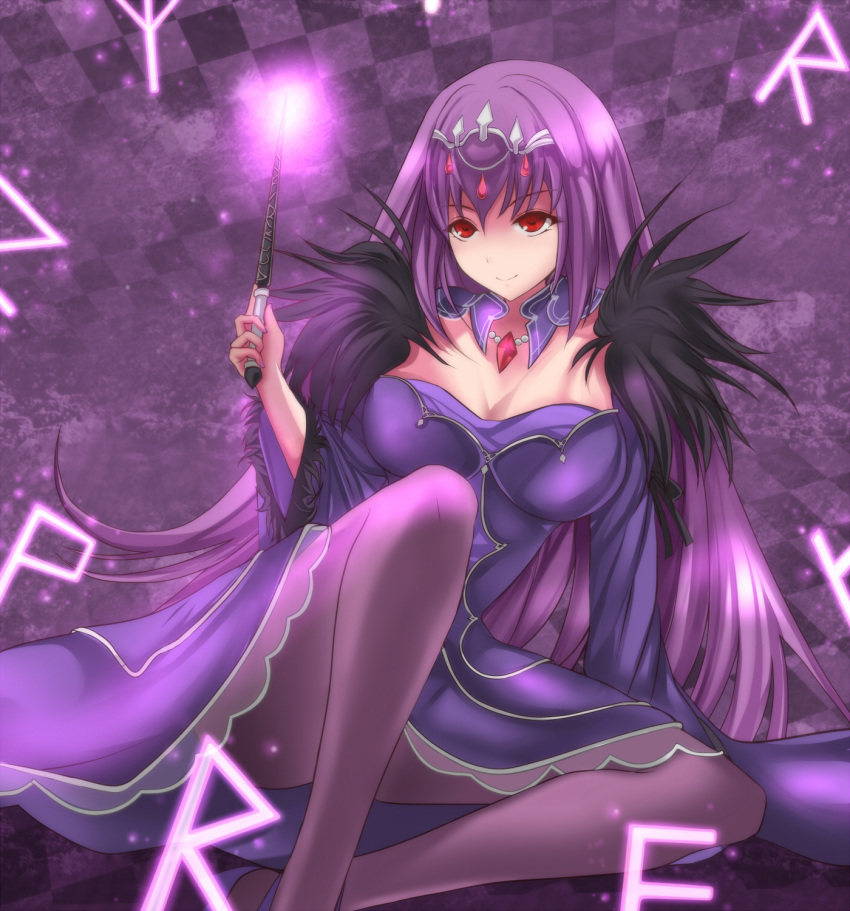 1girl bangs breasts checkered checkered_background cleavage dress fate/grand_order fate_(series) feather_trim fur_trim hair_between_eyes headpiece highres holding holding_wand large_breasts marionette_(excle) purple_background purple_dress purple_hair purple_ribbon red_eyes ribbon runes scathach_(fate)_(all) scathach_skadi_(fate/grand_order) sitting smile solo tiara wand