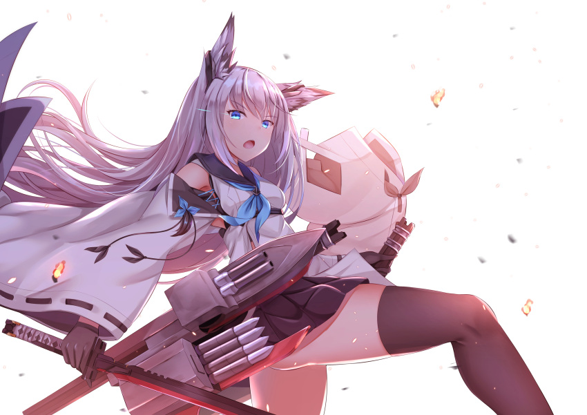 1girl absurdres animal_ears armpits azur_lane black_legwear blue_eyes breasts detached_sleeves dog_ears f_(milfaaaaa) gloves glowing glowing_eye highres katana kawakaze_(azur_lane) long_hair looking_at_viewer open_mouth petals silver_hair simple_background solo sword thigh-highs thighs torpedo_tubes weapon white_background