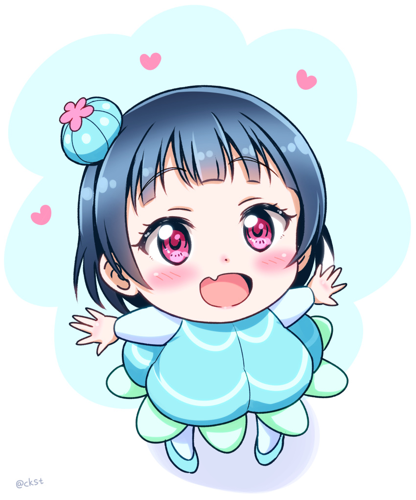 1girl :d absurdres bangs blue_dress blue_footwear blue_hair blush bun_cover child ckst commentary_request dress heart highres jellyfish_costume long_sleeves looking_up love_live! love_live!_school_idol_festival love_live!_sunshine!! open_mouth outstretched_arms shoes short_hair skin_fang smile solo spread_arms standing tsushima_yoshiko twitter_username violet_eyes younger