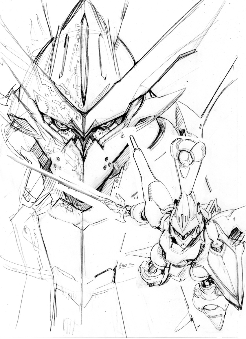 absurdres close-up graphite_(medium) haou_taikei_ryuu_knight highres holding holding_shield holding_sword holding_weapon mecha no_humans shield sketch sword traditional_media weapon zephyr