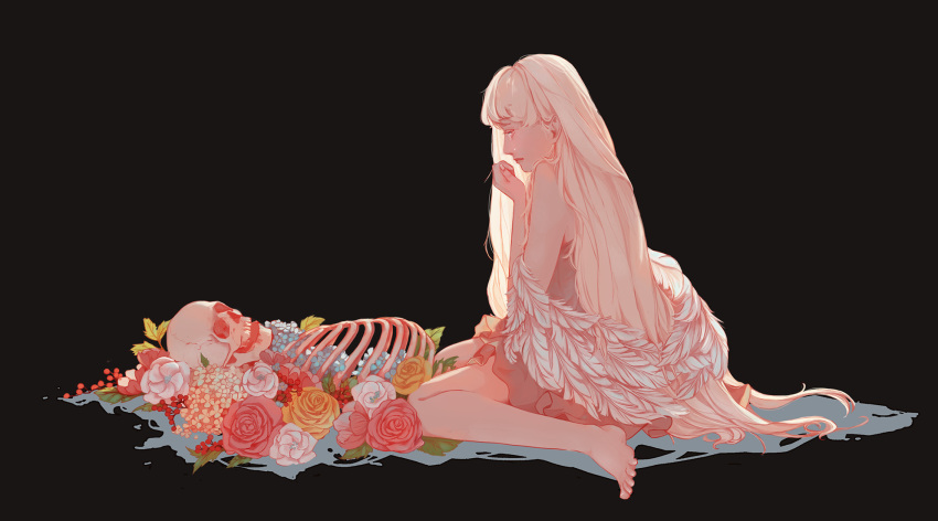 1girl angel angel_wings barefoot black_background blonde_hair brown_skirt crying crying_with_eyes_open flower full_body hand_up highres long_hair original profile ribs simple_background sitting skeleton skirt skull solo tears very_long_hair wariza white_wings wings znyyddf