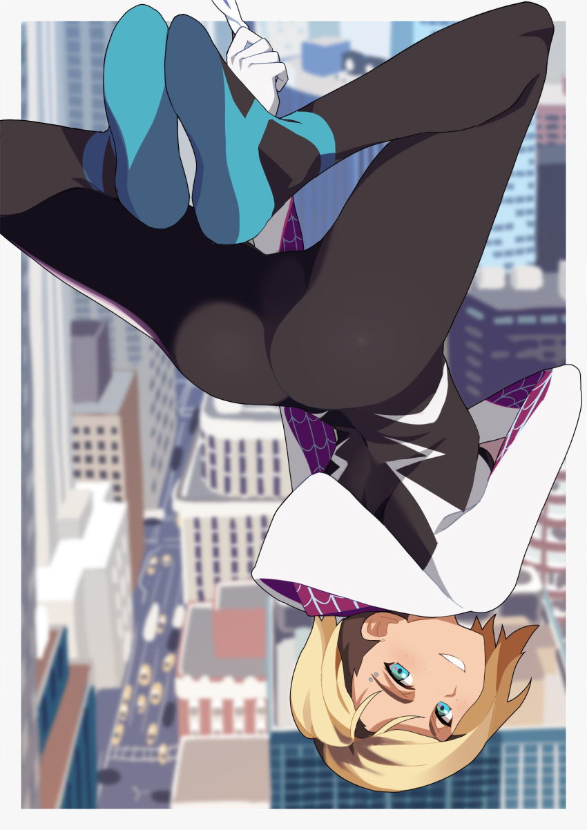 1girl ballet_slippers blonde_hair blue_eyes bodysuit gwen_stacy highres hood hood_down looking_at_viewer marvel ningen_(ningen96) short_hair silk smile solo spider-gwen spider-man:_into_the_spider-verse spider-man_(series) spider_web superhero