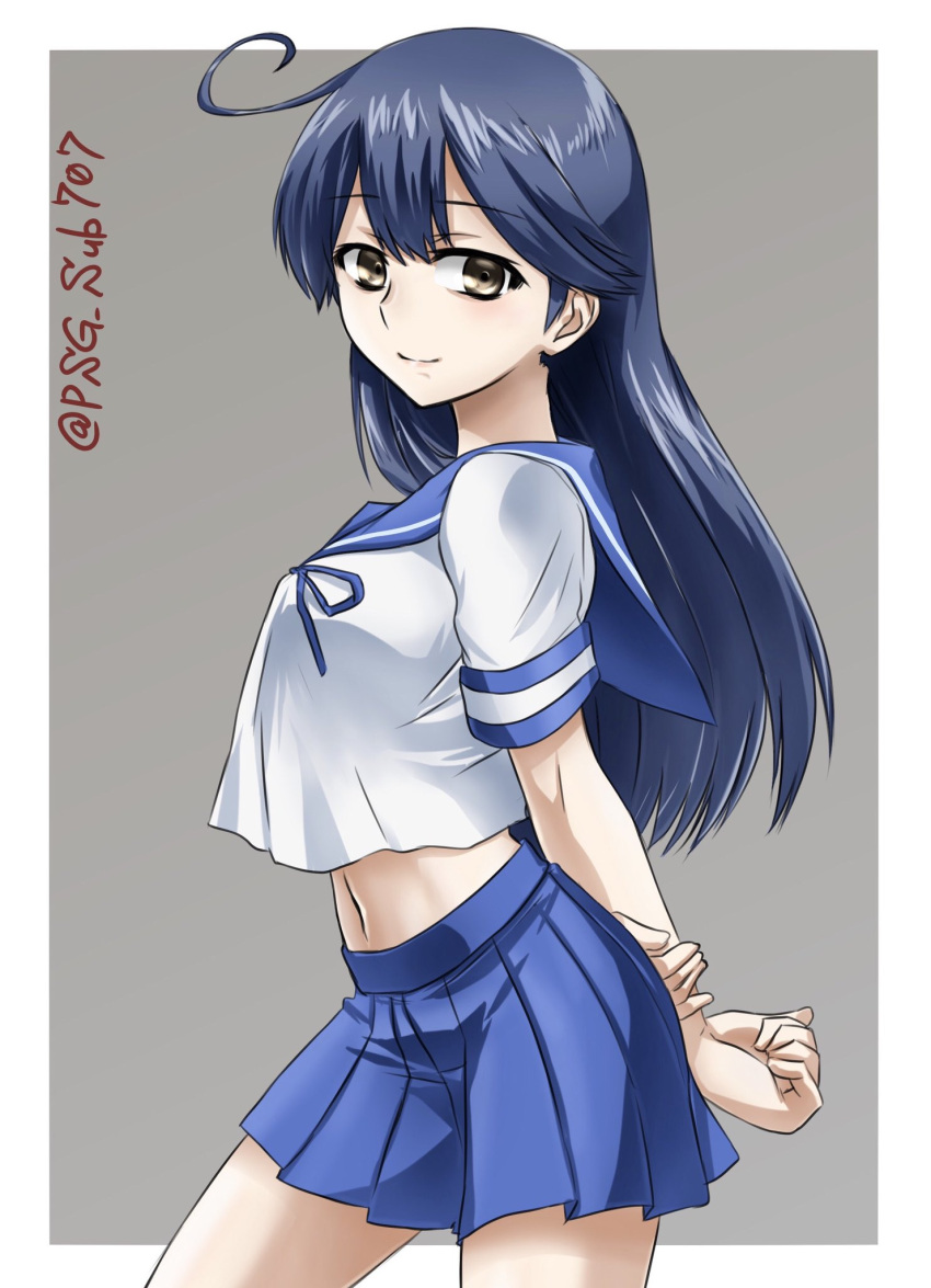 1girl ahoge akito_(sub707) arms_behind_back blue_hair blue_sailor_collar blue_skirt border breasts brown_eyes commentary_request cowboy_shot grey_background highres kantai_collection large_breasts long_hair looking_at_viewer navel pleated_skirt sailor_collar school_uniform serafuku skirt smile solo standing twitter_username two-tone_background ushio_(kantai_collection) white_border