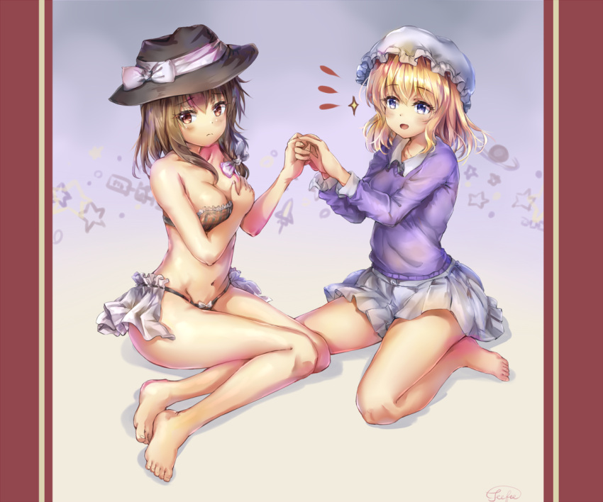 2girls artist_name bandeau bangs bare_arms bare_legs bare_shoulders barefoot beige_background black_headwear black_panties blonde_hair blush bow breasts brown_eyes brown_hair cleavage collarbone commentary_request covering covering_breasts eyebrows_visible_through_hair fedora fii_fii_(feefeeowo) gradient gradient_background grey_skirt hair_between_eyes hair_bow hand_holding hat hat_bow long_sleeves looking_at_viewer maribel_hearn medium_breasts miniskirt mob_cap multiple_girls navel open_mouth panties pleated_skirt purple_background purple_sweater shadow short_hair signature sitting skirt smile sparkle star stomach sweater thighs touhou underwear usami_renko violet_eyes wariza white_bow white_headwear