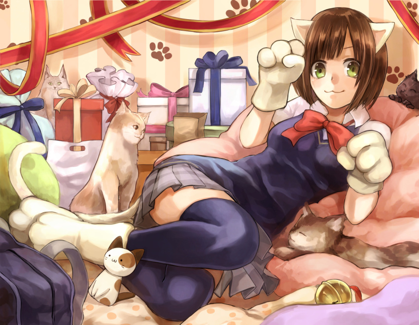 1girl :3 animal_ears bag blue_legwear blue_sweater bow bowtie box brown_hair cat cat_ears cat_tail collared_shirt gift gift_box gloves green_eyes grey_skirt idolmaster idolmaster_cinderella_girls idolmaster_cinderella_girls_starlight_stage indoors kuune_(muttey-myg) looking_at_viewer lying maekawa_miku miniskirt on_side paper_bag paw_gloves paws pleated_skirt red_bow red_neckwear school_bag school_uniform shirt short_hair short_sleeves skirt solo striped striped_background striped_skirt sweater sweater_vest tail thigh-highs white_gloves white_shirt wing_collar zettai_ryouiki