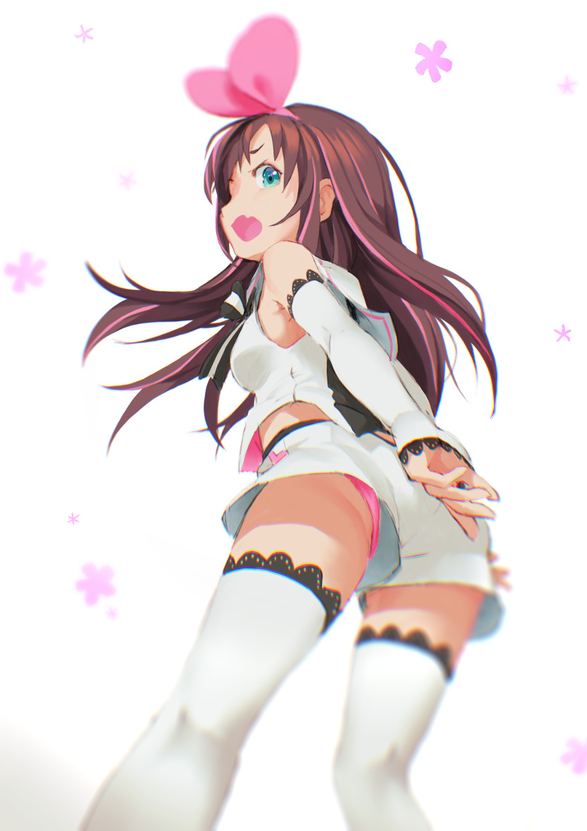 1girl a.i._channel absurdres aqua_eyes arm_warmers bow breasts brown_hair fang hair_bow highres kizuna_ai looking_at_viewer looking_back multicolored_hair open_mouth padal panties panty_peek pantyshot pink_hair pink_panties shorts sleeveless standing thigh-highs two-tone_hair underwear virtual_youtuber white_legwear white_shorts