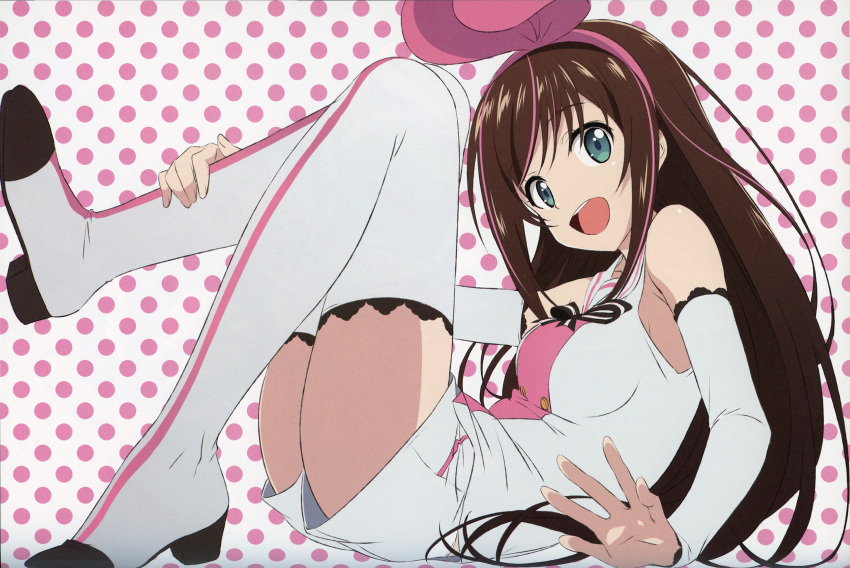 1girl a.i._channel aqua_eyes arm_warmers bangs bare_shoulders boots bow breasts brown_hair eyebrows_visible_through_hair full_body hairband highres kizuna_ai long_hair looking_at_viewer lying medium_breasts multicolored_hair on_back open_mouth pink_bow pink_hair polka_dot polka_dot_background scan shiny shiny_hair shirt short_shorts shorts simple_background sleeveless sleeveless_shirt smile solo thigh-highs thigh_boots virtual_youtuber white_shorts yamamoto_shuuhei