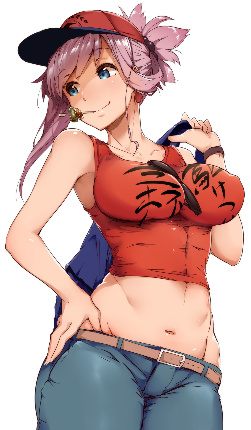 1girl absurdres bag bangs belt blue_eyes blush breasts casual cowboy_shot denim earrings eyebrows_visible_through_hair eyewear_removed fate/grand_order fate_(series) groin hair_ornament hand_on_hip hat highres holding holding_bag jeans jewelry large_breasts long_hair looking_away midriff miyamoto_musashi_(fate/grand_order) mouth_hold navel pants pink_hair ponytail red_headwear red_tank_top sidelocks simple_background smile solo stomach sunglasses tank_top tokiwa_midori_(kyokutou_funamushi) watch white_background