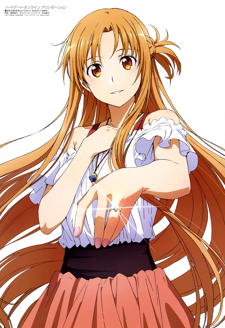 1girl absurdres asuna_(sao) braid brown_eyes brown_hair crown_braid floating_hair highres jewelry long_hair looking_at_viewer megami nail_polish necklace off-shoulder_shirt off_shoulder parted_lips pink_nails red_skirt ring shirt short_sleeves simple_background skirt smile solo standing sword_art_online very_long_hair wedding_ring white_background white_shirt yokota_takumi