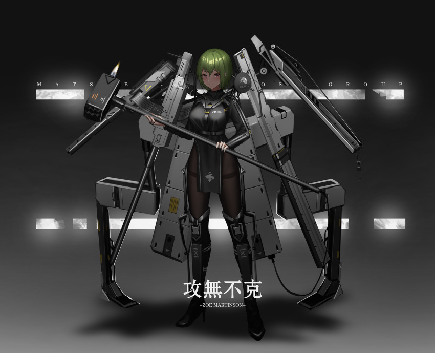 1girl bangs black_dress black_footwear boots breasts brown_legwear cannon commentary_request crane dress exoskeleton eyebrows_visible_through_hair full_body green_hair gun hair_between_eyes high_heel_boots high_heels highres holding holding_hammer knee_boots long_sleeves machine_gun medium_breasts original pantyhose pelvic_curtain red_eyes science_fiction short_hair sledgehammer solo standing thighband_pantyhose weapon yurichtofen