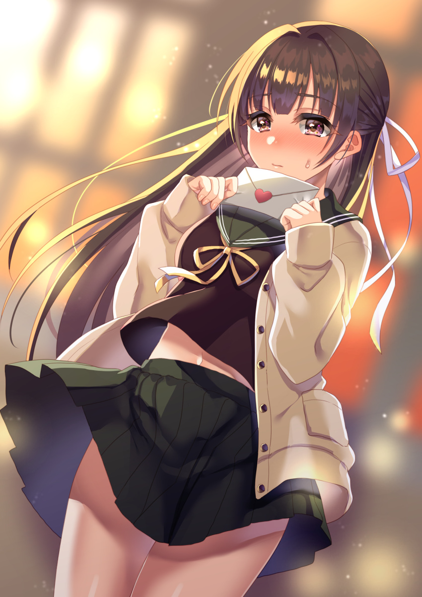 1girl black_shirt black_skirt blurry blurry_background blush brown_eyes brown_hair cardigan cowboy_shot floating_hair green_sailor_collar grey_cardigan hair_ribbon highres holding_letter letter long_hair long_sleeves love_letter midriff miniskirt navel neck_ribbon open_cardigan open_clothes original pleated_skirt ribbon sailor_collar shimatamago shiny shiny_skin shirt skirt solo standing stomach sweatdrop very_long_hair white_ribbon yellow_ribbon