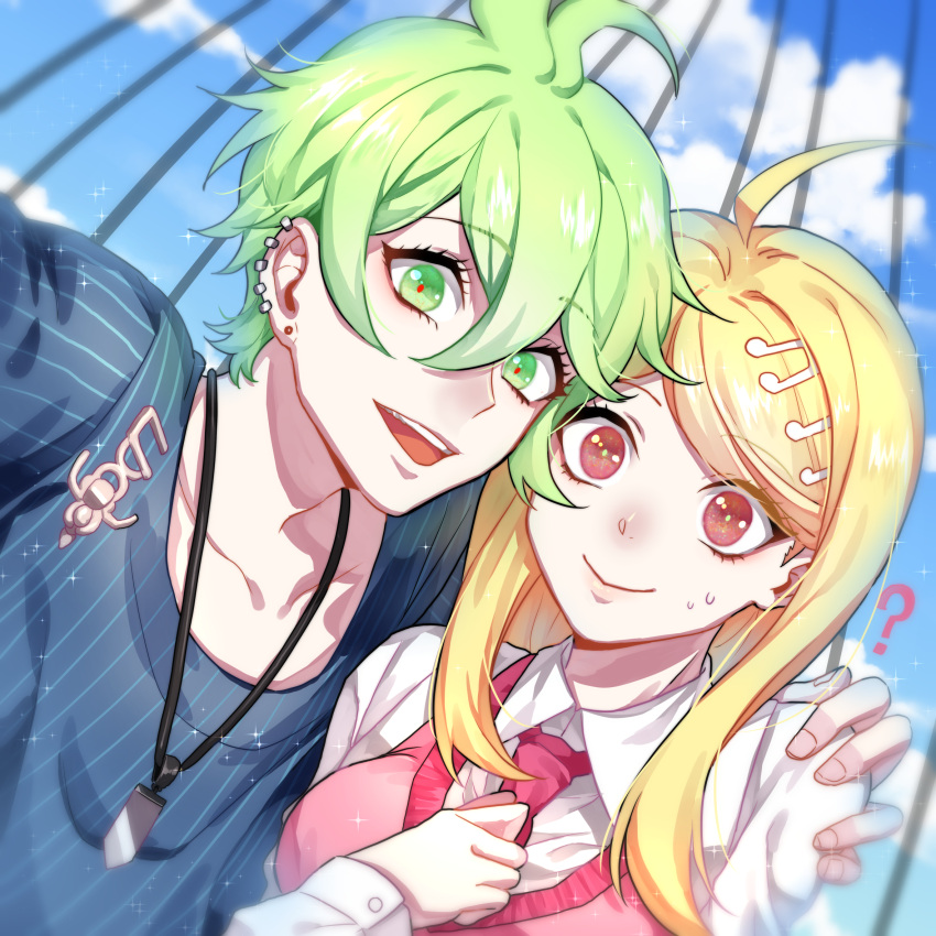 1boy 1girl ? ahoge akamatsu_kaede amami_rantarou antenna_hair blonde_hair clouds collarbone commentary_request dangan_ronpa day ear_piercing earrings eyebrows_visible_through_hair green_eyes green_hair hair_between_eyes hair_ornament highres jewelry long_hair long_sleeves musical_note musical_note_hair_ornament nanin necklace necktie new_dangan_ronpa_v3 outdoors piercing pink_neckwear school_uniform shirt short_hair sky striped striped_shirt sweater_vest violet_eyes white_shirt