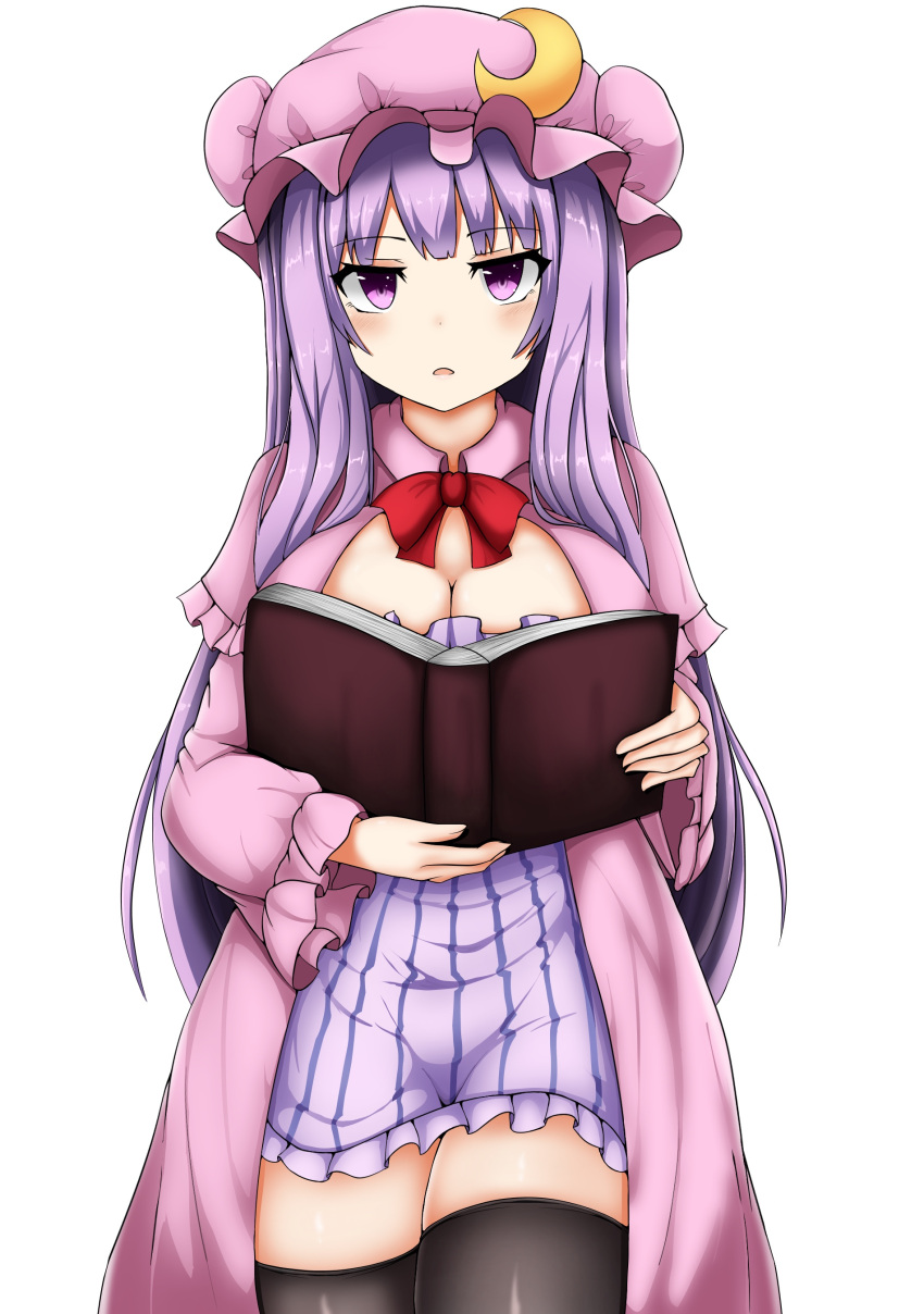 1girl :d absurdres bangs book breasts cleavage dress eyebrows_visible_through_hair hair_between_eyes hat highres holding holding_book isshin_(sasayamakids) jewelry large_breasts long_hair looking_at_viewer moon_(ornament) necklace nightcap nightgown open_mouth patchouli_knowledge purple_hair simple_background sleepwear smile striped striped_dress thigh-highs thighs touhou violet_eyes white_background