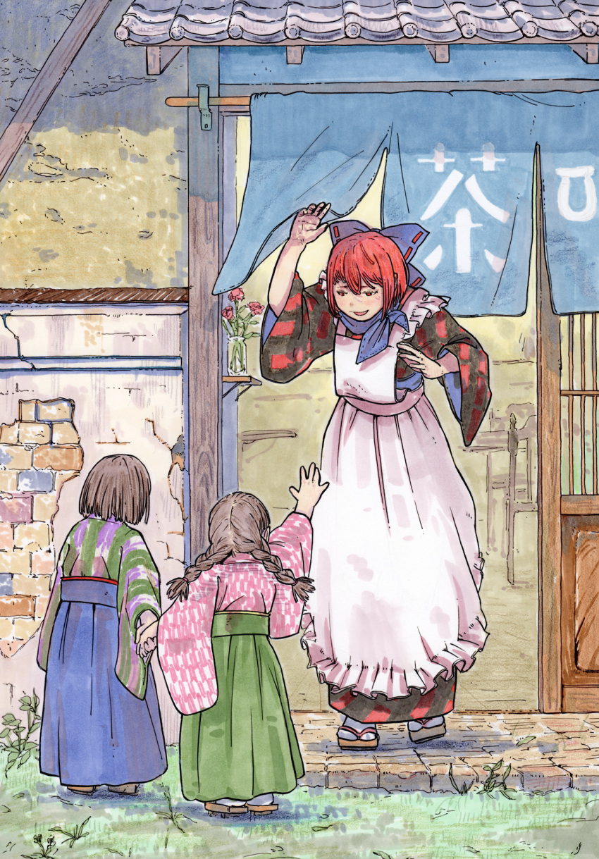 3girls apron awning blue_bow bouquet bow braid brick_wall brown_hair building child commentary_request flower geta grass hair_bow half-timbered highres japanese_clothes misohagi multiple_girls neckerchief open_mouth red_eyes redhead ribbon-trimmed_bow sekibanki shop short_hair tabi tile_roof tiles touhou twin_braids waving white_apron