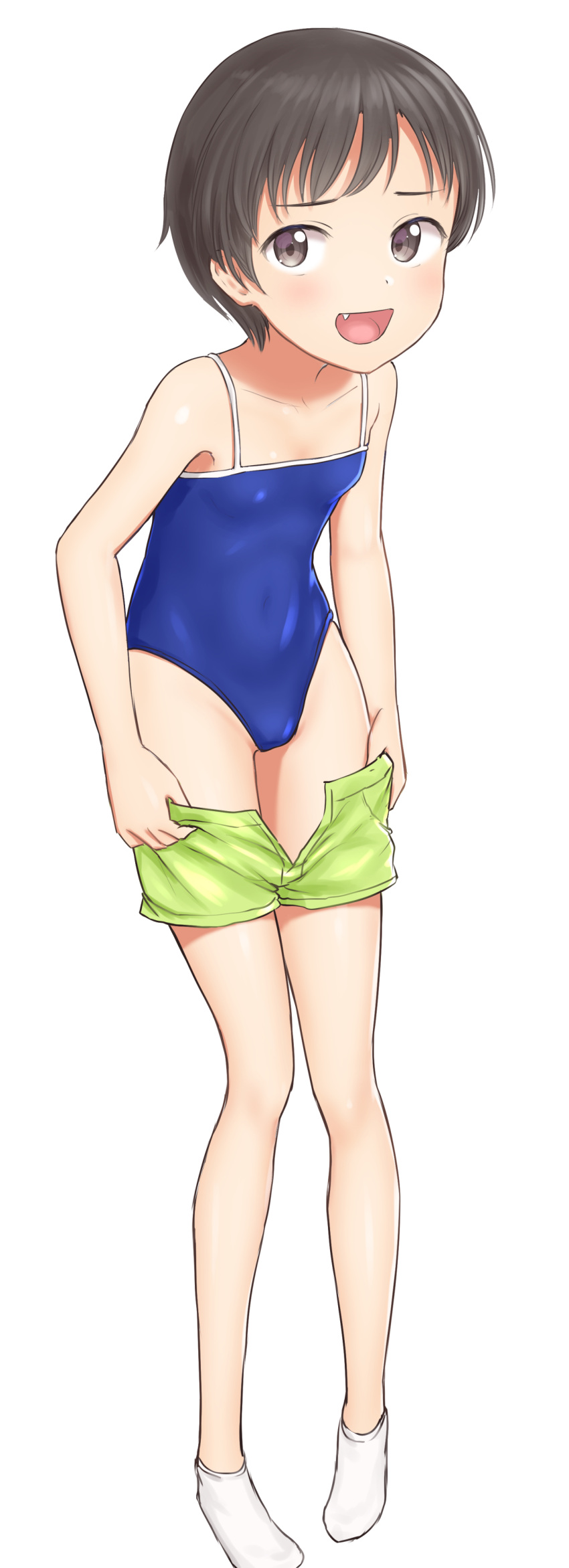 1girl absurdres blue_swimsuit competition_school_swimsuit fang flat_chest full_body highres leaning_forward looking_at_viewer nyarukac open_mouth original school_swimsuit simple_background socks solo standing swimsuit undressing white_background white_legwear yellow_eyes