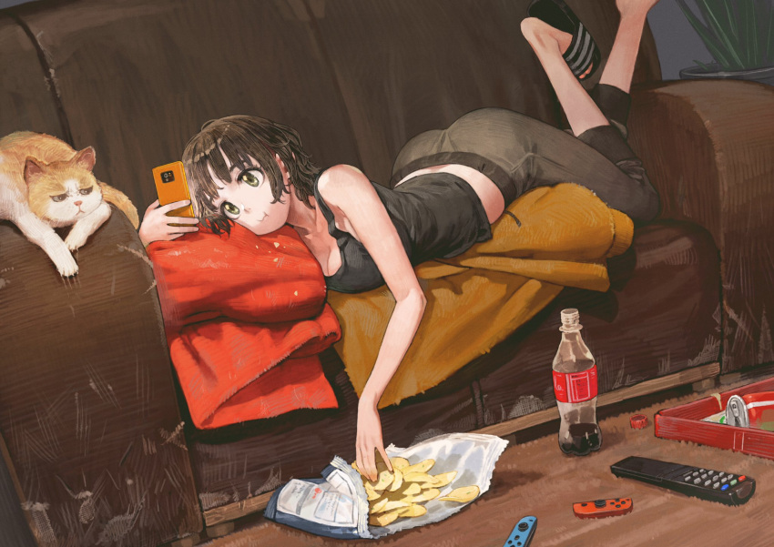 1girl :i bag_of_chips bangs bare_arms bare_shoulders black_hair blanket blunt_bangs bottle breasts brown_pants can cat cellphone chips cleavage closed_mouth coke controller couch eating feet_up flip-flops food full_body green_eyes highres holding holding_cellphone holding_phone joy-con jun_(seojh1029) looking_at_phone medium_breasts on_couch original pants phone plant potted_plant remote_control sandals short_hair smartphone soda_bottle soda_can solo tank_top tareme track_pants tray wavy_mouth