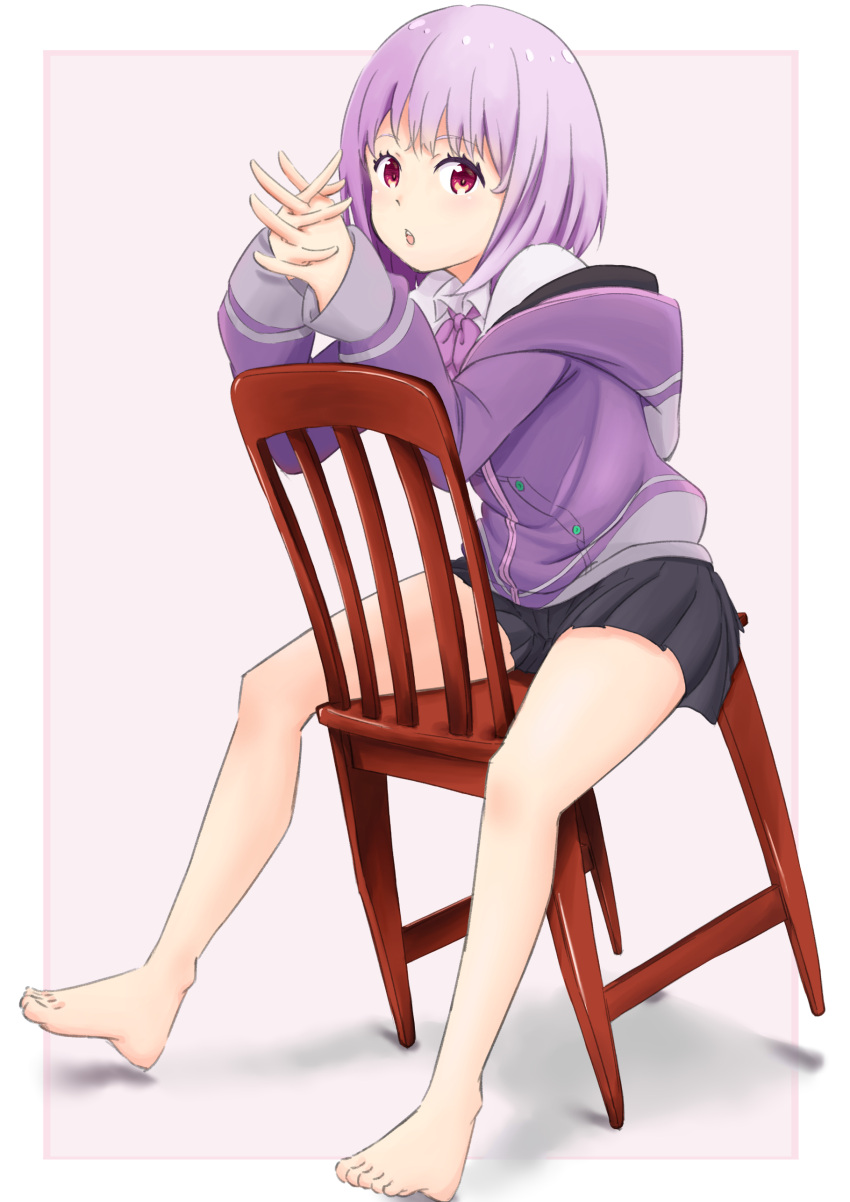 1girl :o absurdres bare_legs barefoot black_skirt breasts chair chobbi commentary_request eyebrows_visible_through_hair grey_background highres hood hooded_jacket jacket long_sleeves looking_at_viewer off_shoulder own_hands_together pink_hair pleated_skirt purple_jacket purple_neckwear purple_ribbon ribbon shinjou_akane shirt short_hair simple_background sitting skirt solo ssss.gridman two-tone_background white_background